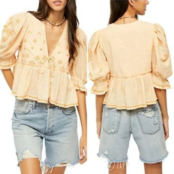 Free People Tallulah Embroidery Boho Crop Cotton Top Blouse XL Flowy Puff Sleeve - Picture 2 of 16